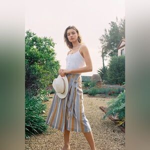 Anthropologie Maeve Wrap Midi Skirt 6P Yellow Tiered Stripe Coastal Teacher Boho